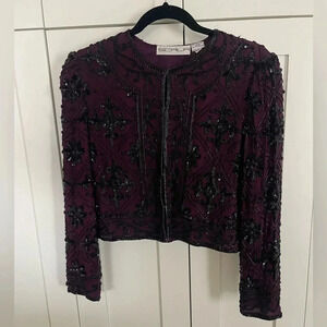 Scala Maroon Black Beaded Silk Evening Jacket